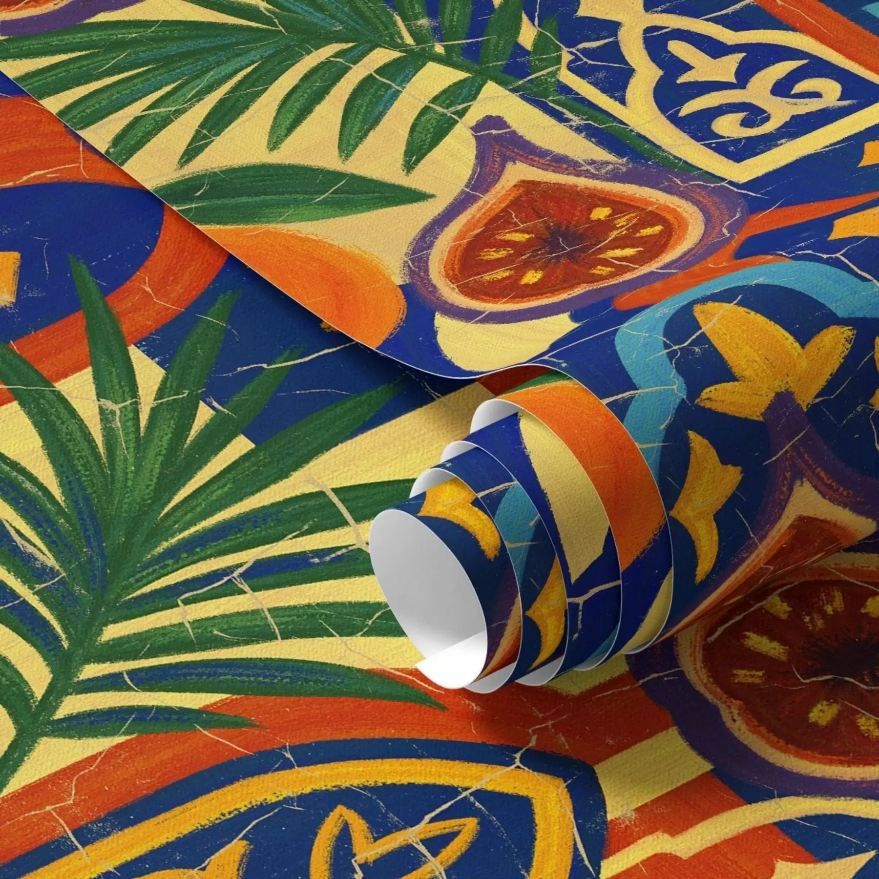 wall murals Bright oranges, palm leaves, and Moroccan arches a00767