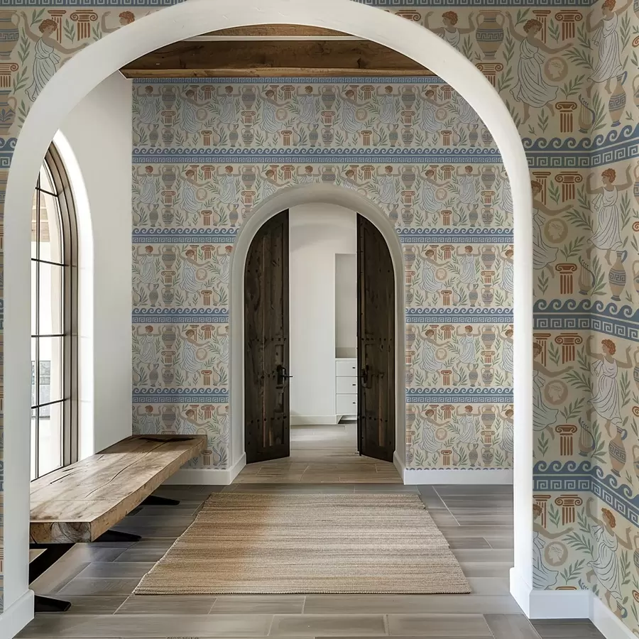 wall murals Ancient Greek ornament with figures, vases, and columns a00768