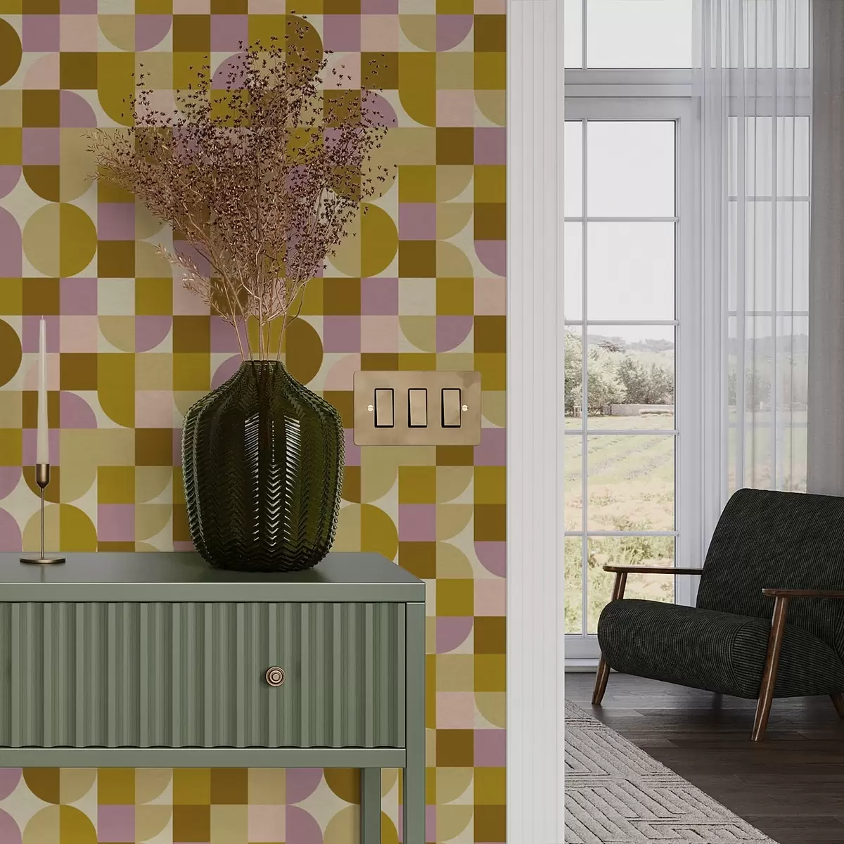 Wallpaper Modular geometry in pink and mustard shades a00770v1