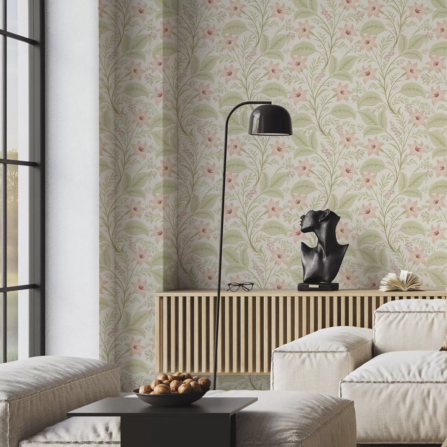 wall murals Delicate flowers and leaves in pastel tones a00771