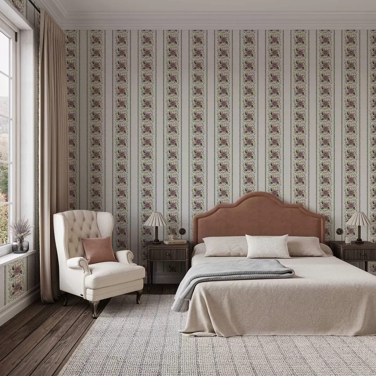 Wallpaper Vertical floral stripes in lilac-blue tones a00809