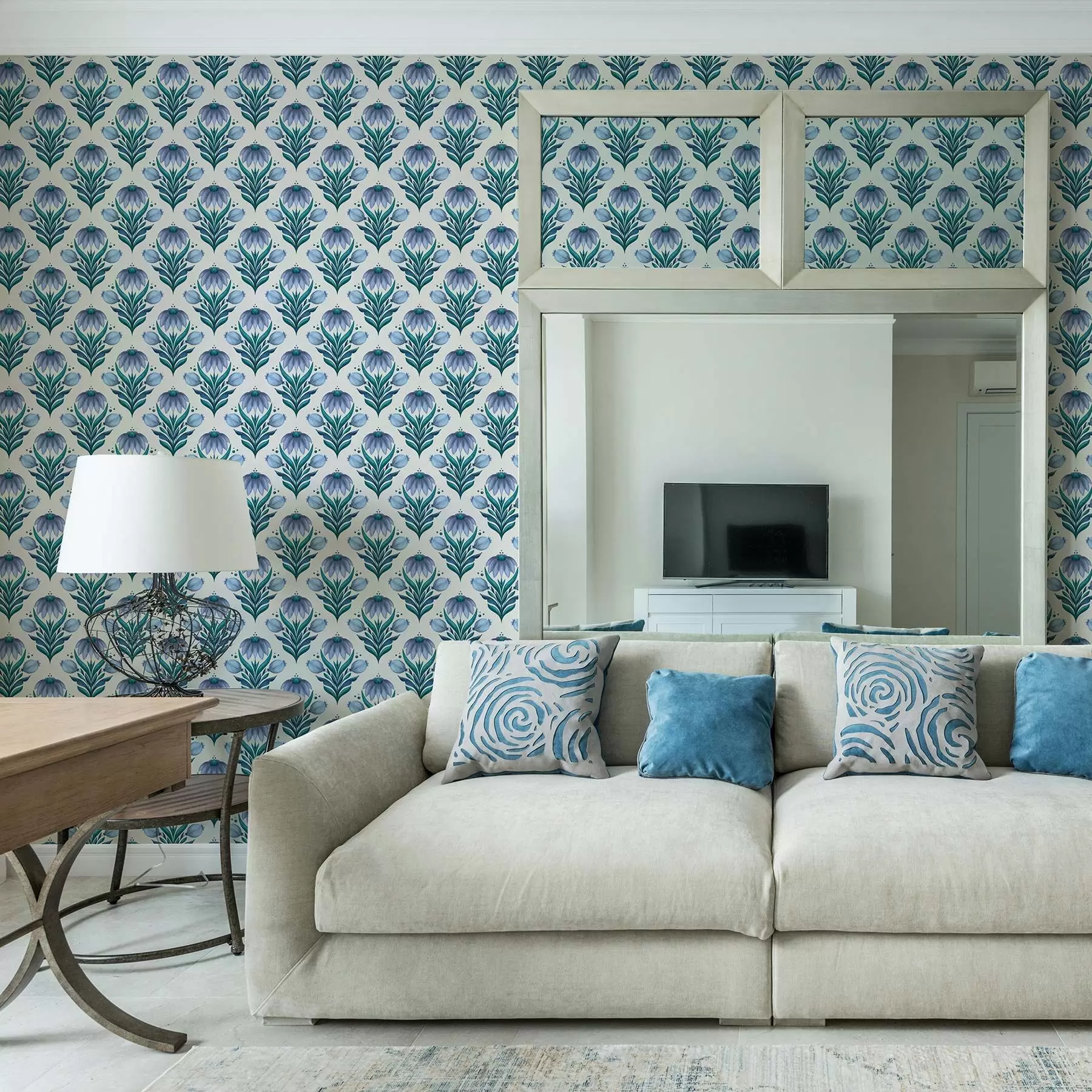 wall murals Symmetrical floral ornament in blue-white shades a00812v2