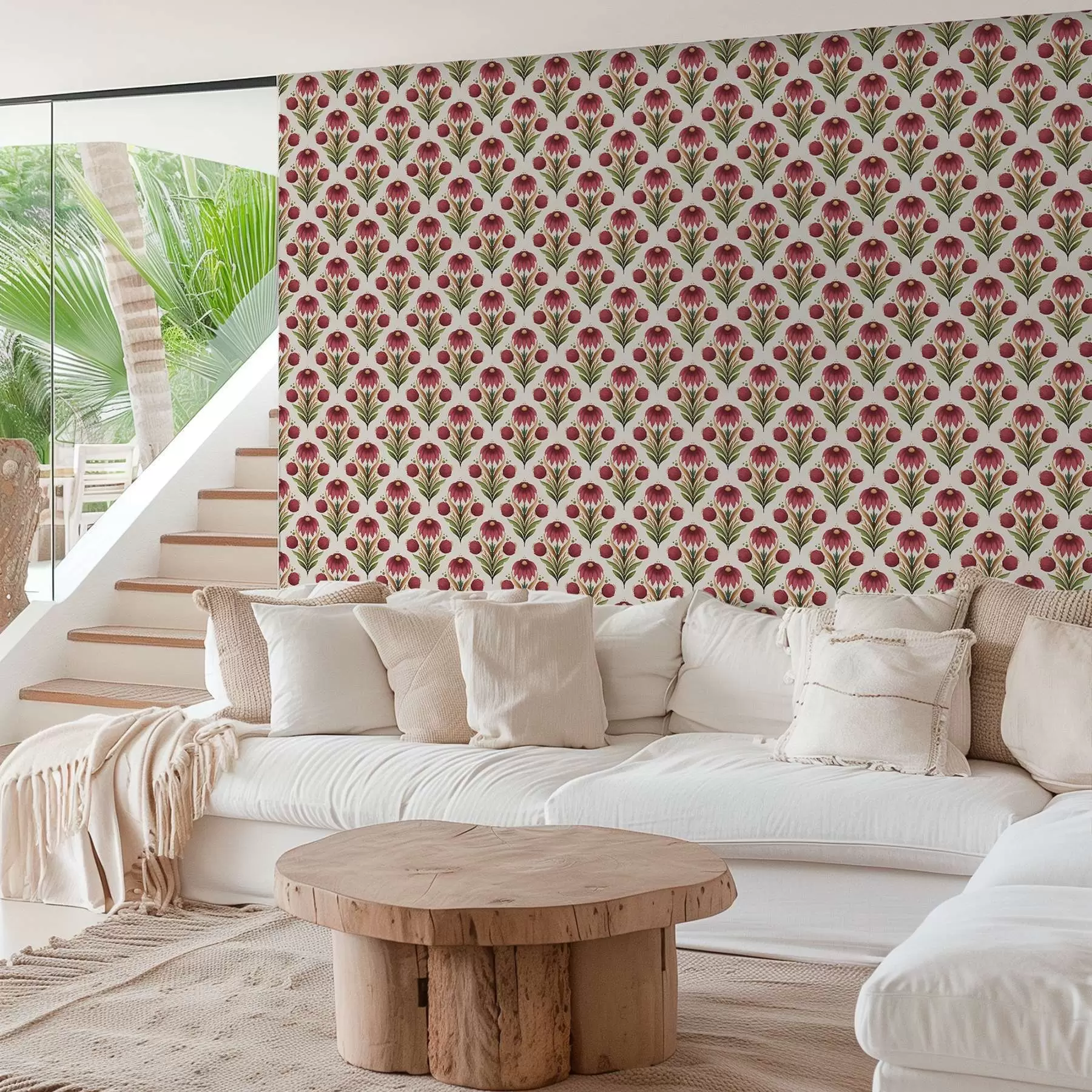 wall murals Symmetrical floral ornament in rich red-green tones a00812v4