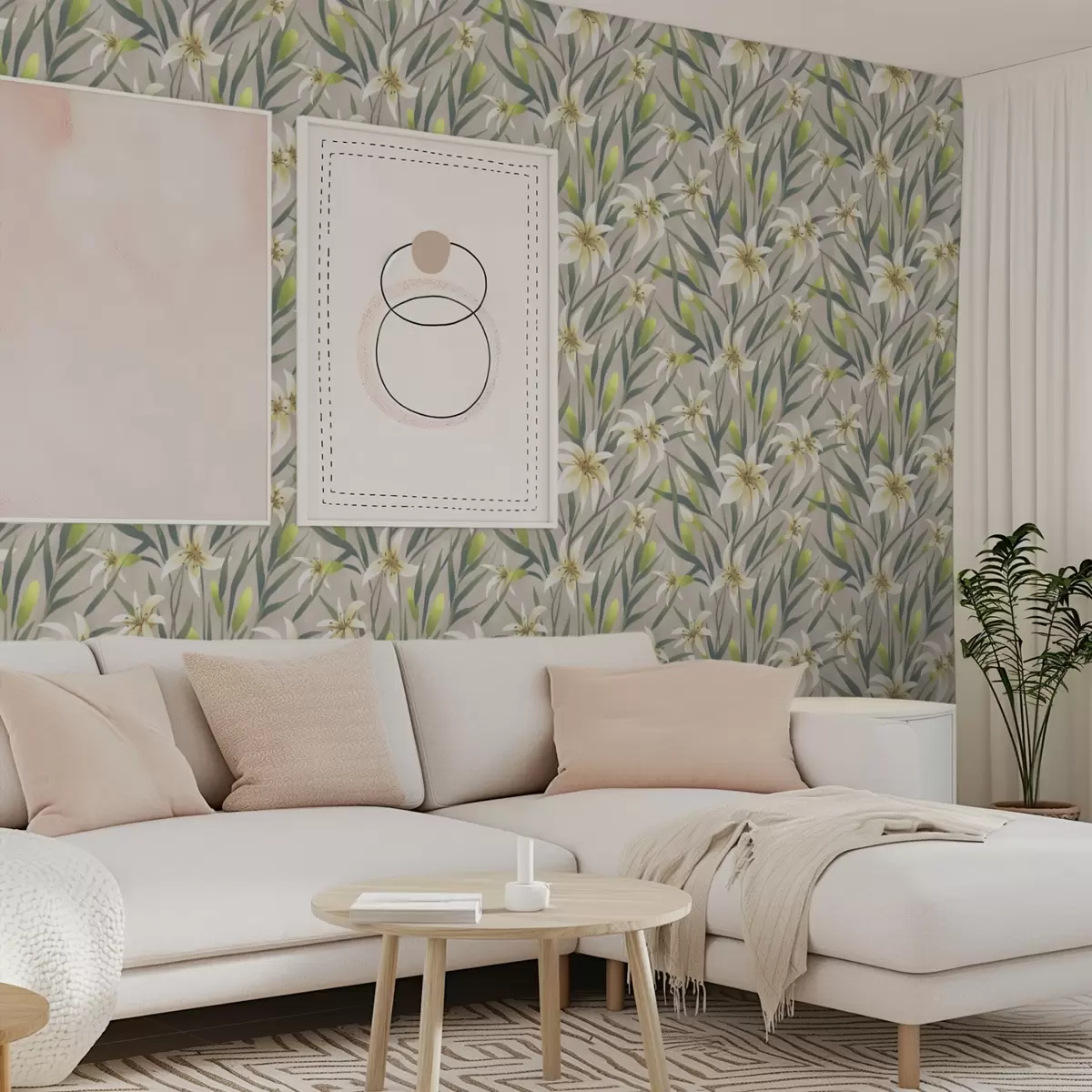 Wallpaper Cream lilies with leaves on gray-beige background a00837