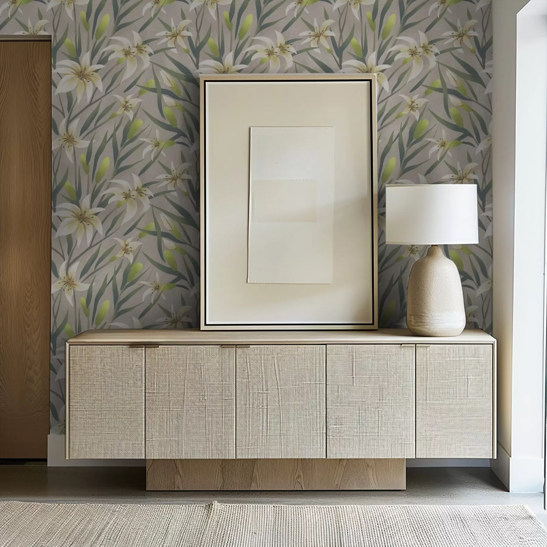 wall murals Cream lilies with leaves on gray-beige background a00837