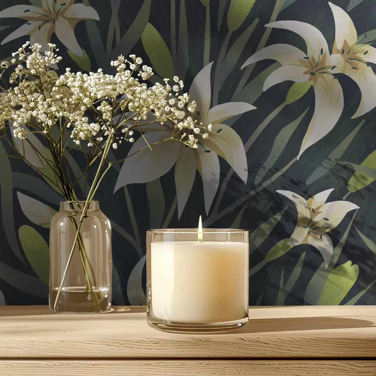 Wallpaper Cream lilies with leaves on dark background a00837v1