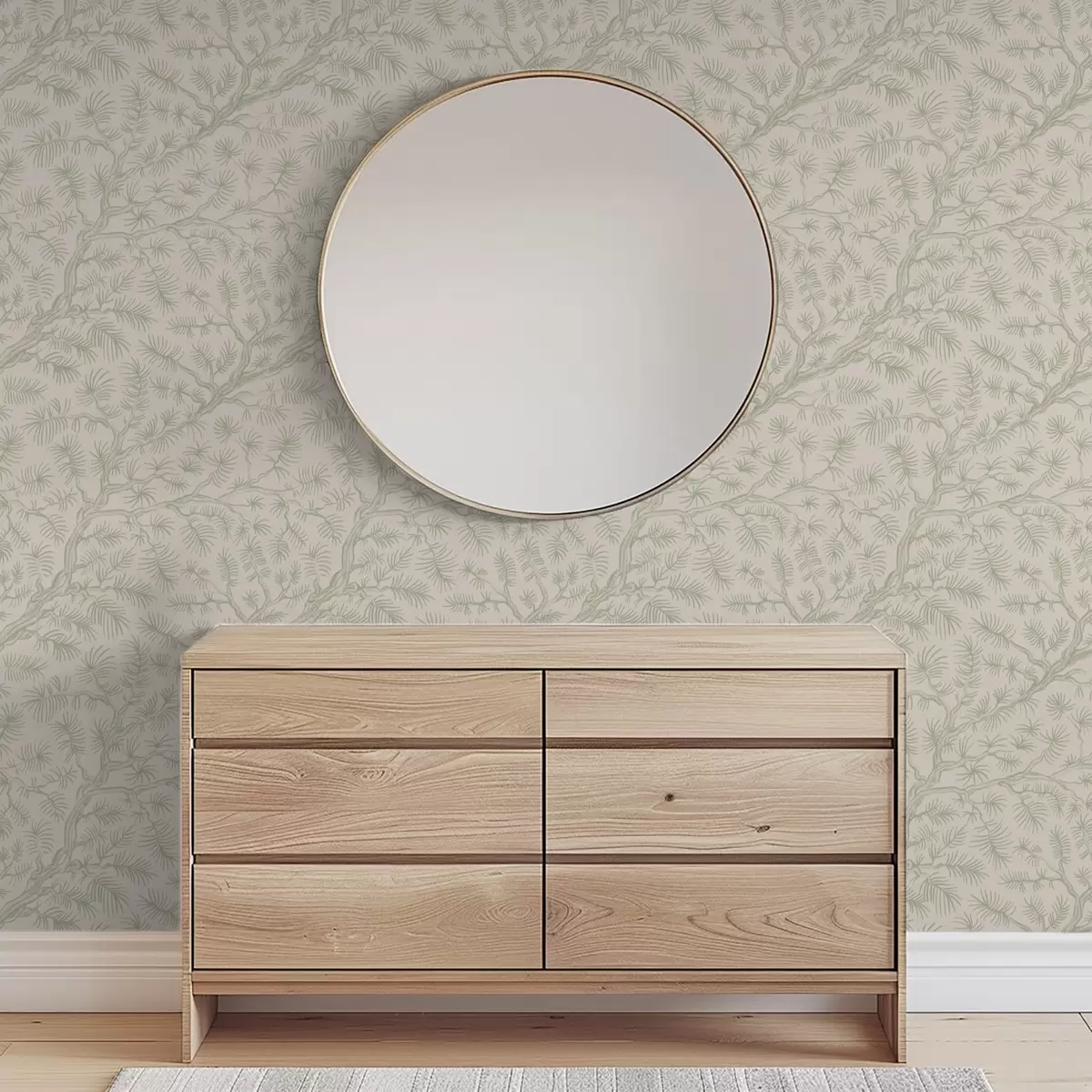 Wallpaper Pine branches in light green tones on beige background a00838v1