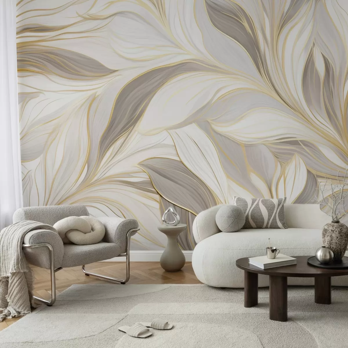 wall murals Leaves with smooth curves in light beige-gray tones w04609