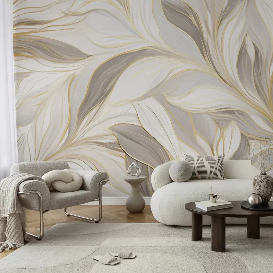 wall murals Leaves with smooth curves in light beige-gray tones w04609