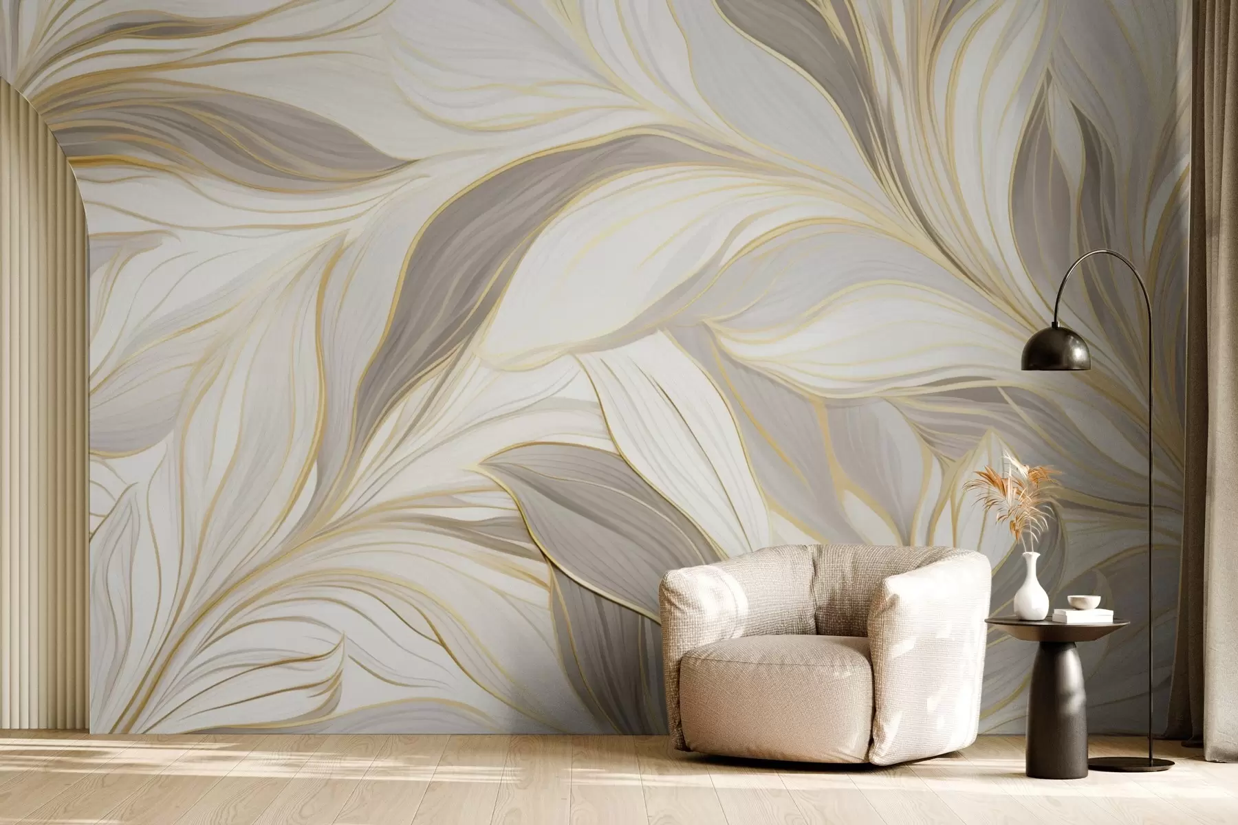 wall murals Leaves with smooth curves in light beige-gray tones w04609