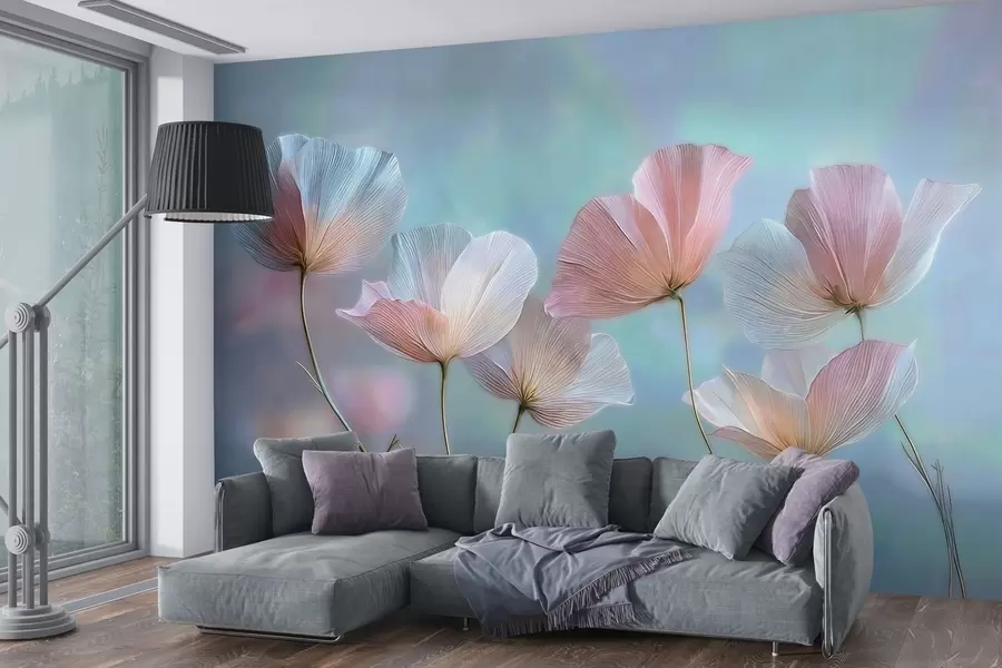 wall murals Transparent petals in pastel pink and blue tones w04621