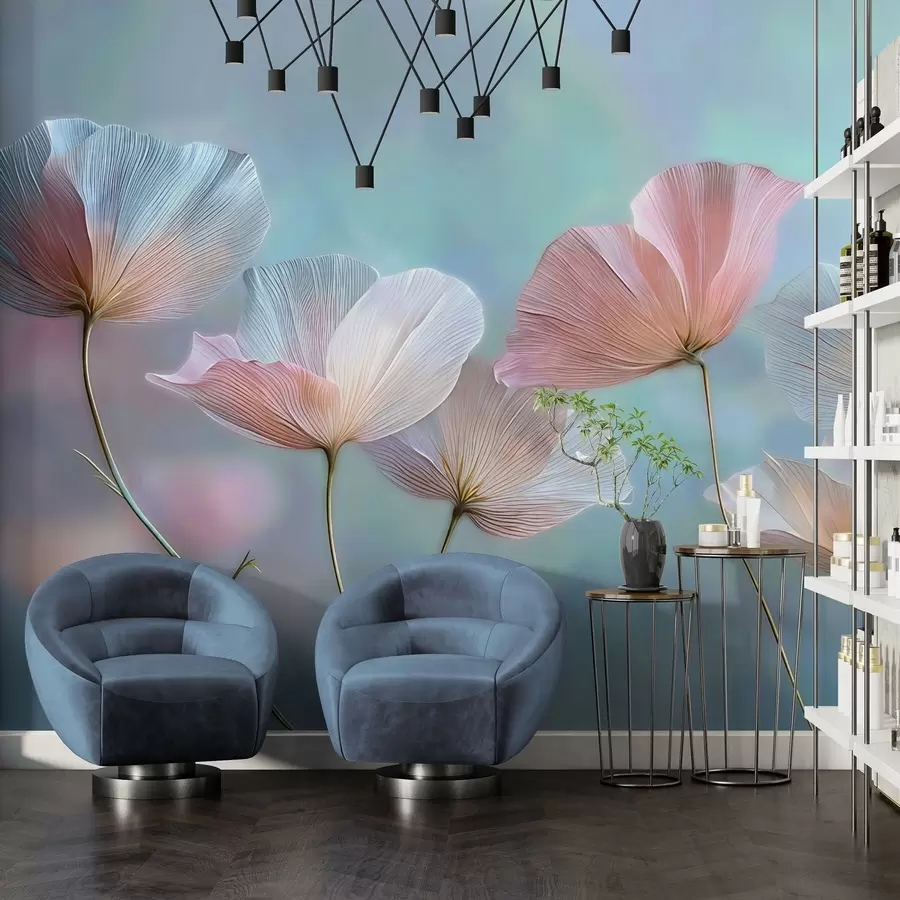 wall murals Transparent petals in pastel pink and blue tones w04621
