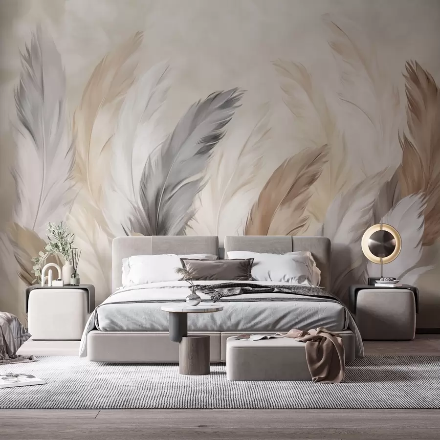 wall murals Soft fluffy feathers in a warm neutral palette w04736