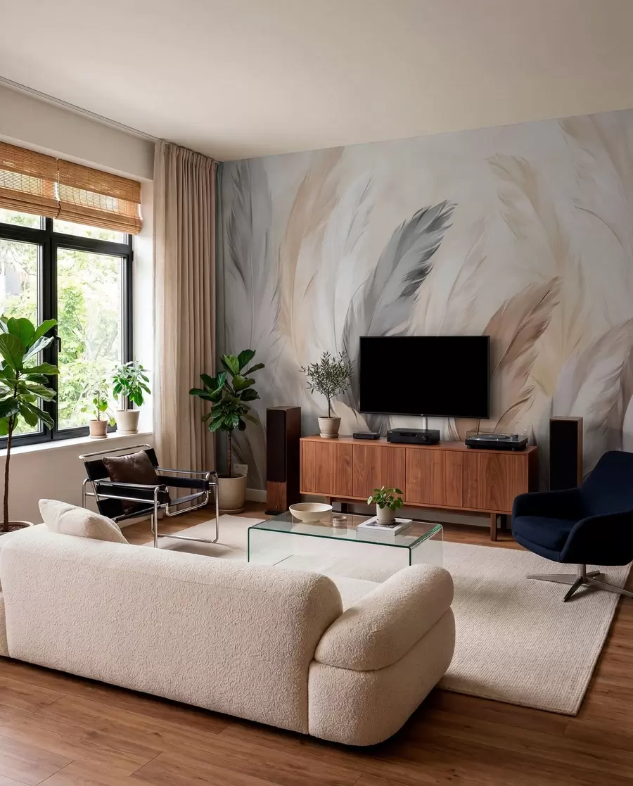 wall murals Soft fluffy feathers in a warm neutral palette w04736