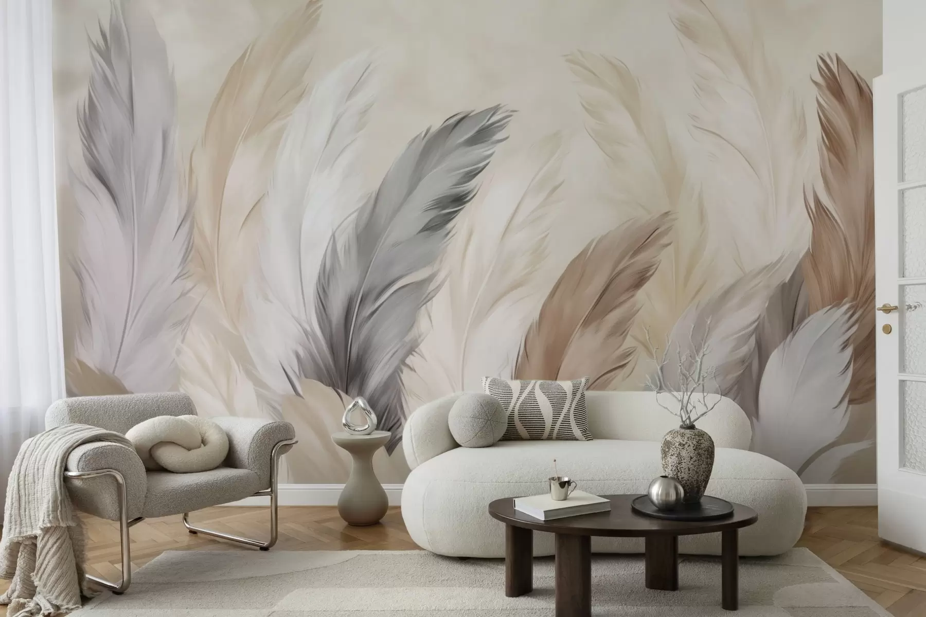 wall murals Soft fluffy feathers in a warm neutral palette w04736