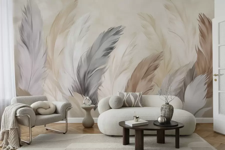 wall murals Soft fluffy feathers in a warm neutral palette w04736