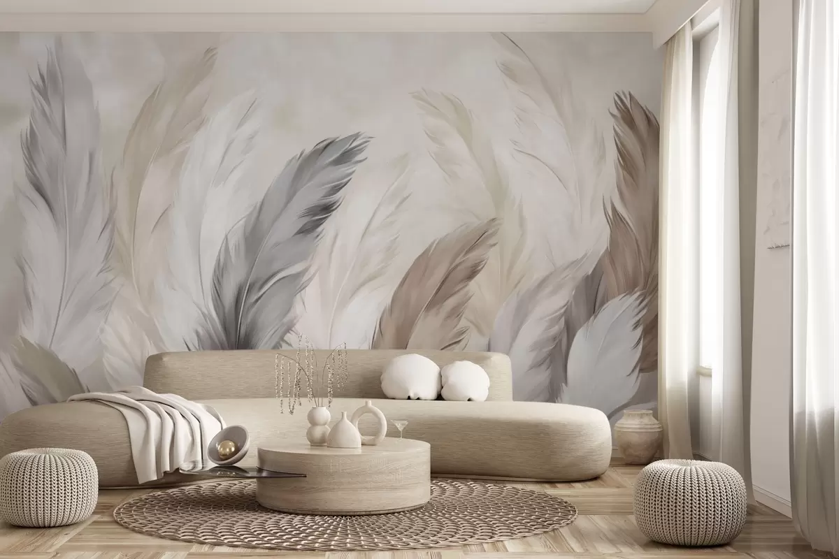 wall murals Soft fluffy feathers in a warm neutral palette w04736