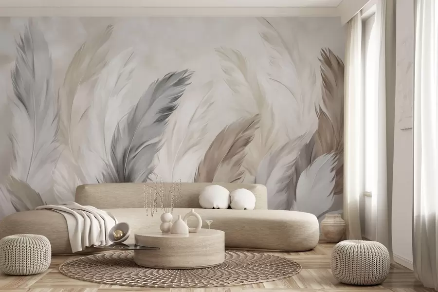 wall murals Soft fluffy feathers in a warm neutral palette w04736