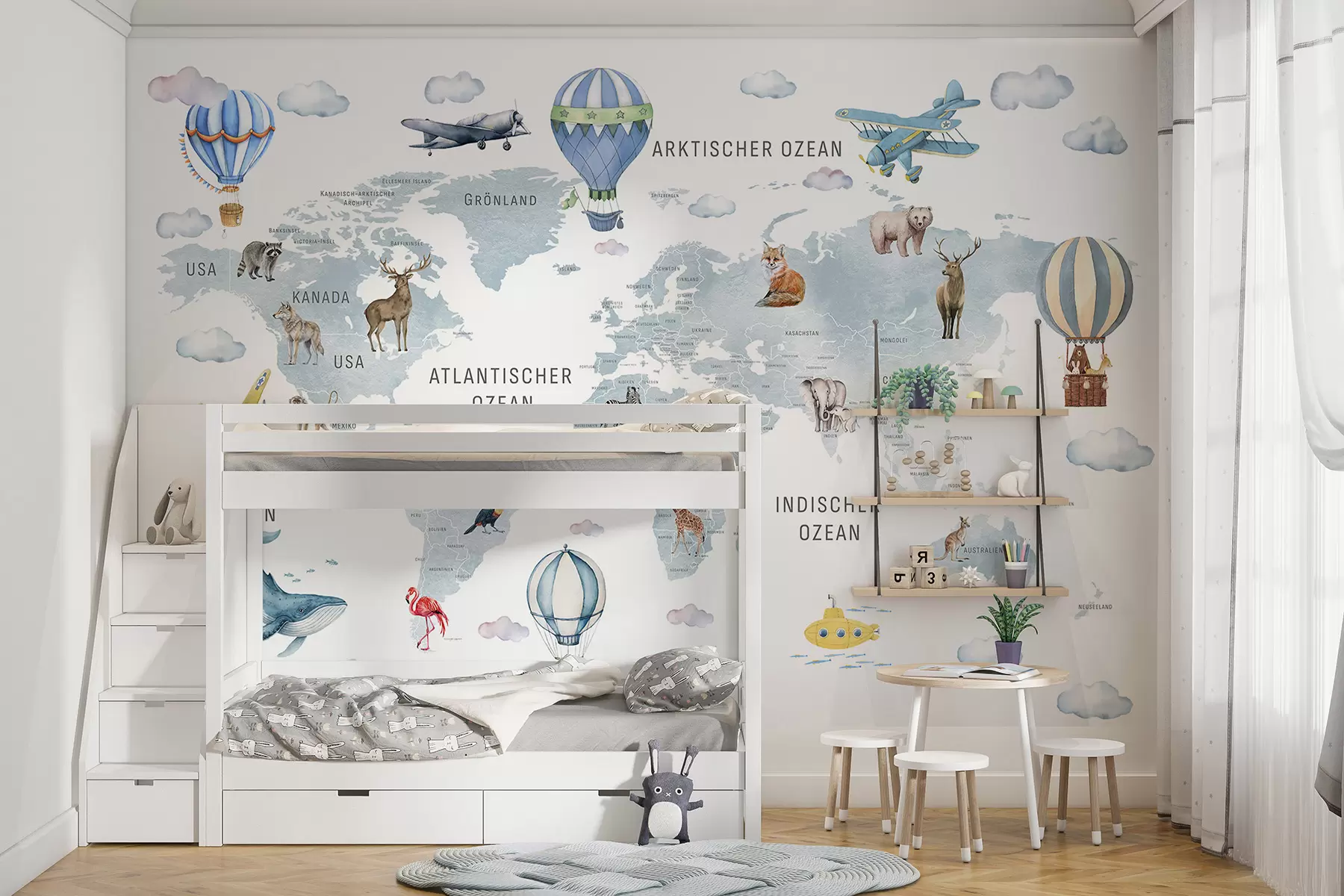 wall murals Watercolor-style map for children with animals and hot air balloons. German language. Blue color c00001dev1