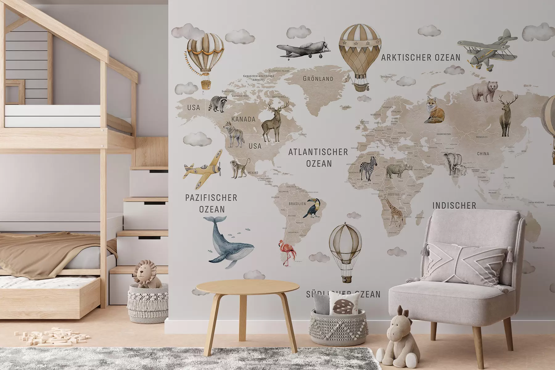 wall murals Children's map in watercolour style with animals and hot air balloons. German language. Beige colour c00001dev2