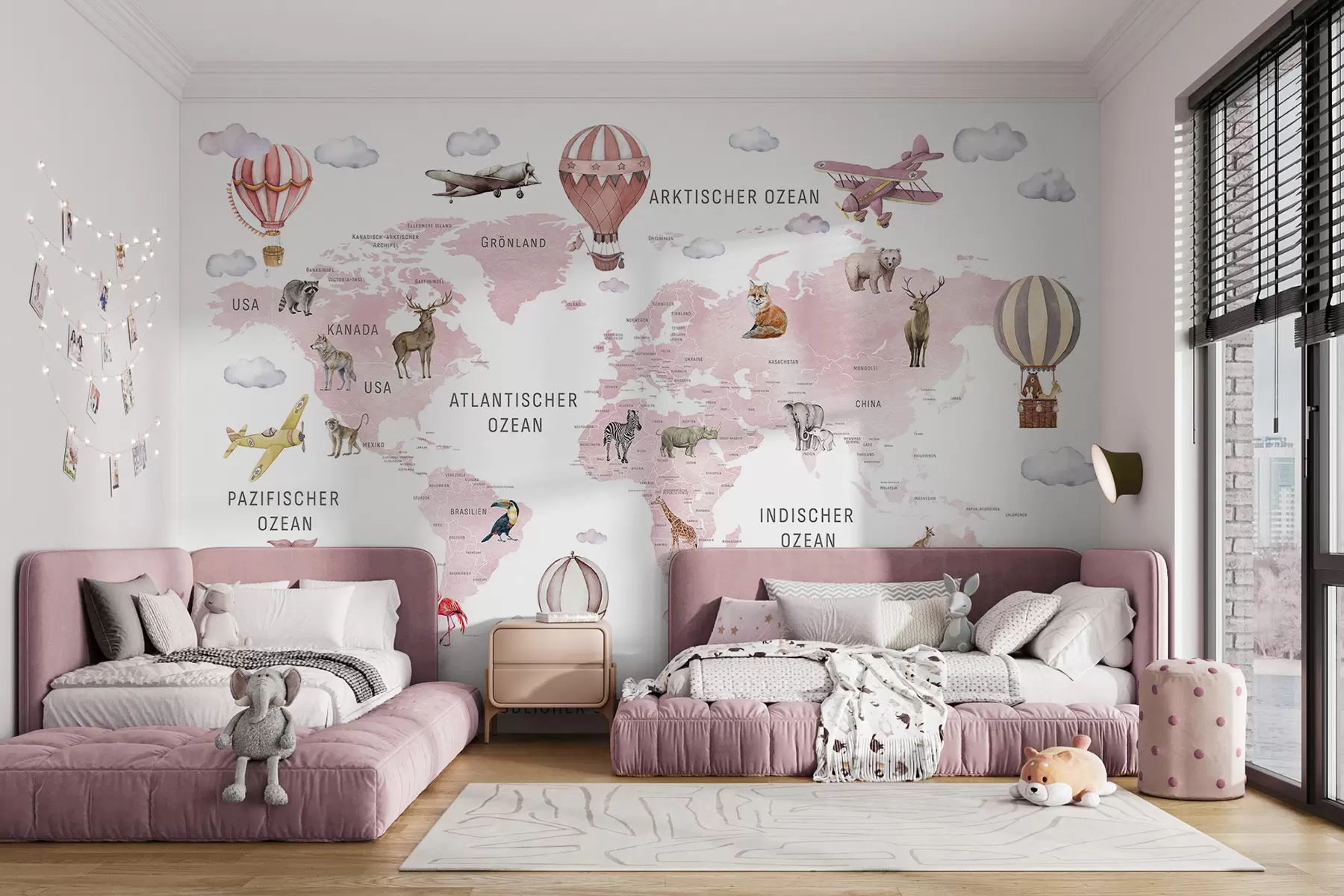 wall murals Watercolor-style map for children with animals and hot air balloons. German language. Pink color c00001dev3