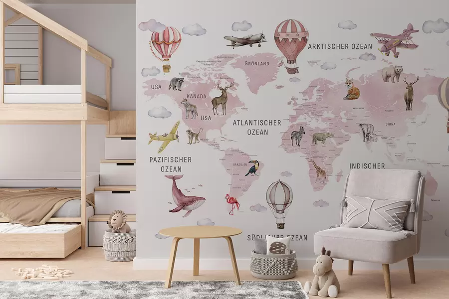 wall murals Children's map in watercolour style with animals and hot air balloons. German language. Pink colour c00001dev3