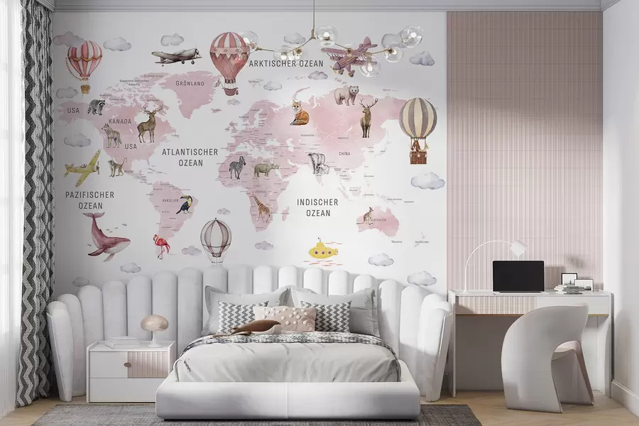 wall murals Children's map in watercolour style with animals and hot air balloons. German language. Pink colour. c00001dev3