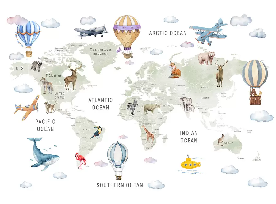 wall murals Children's map in watercolour style with animals and hot air balloons. English language. Green colour c00001en