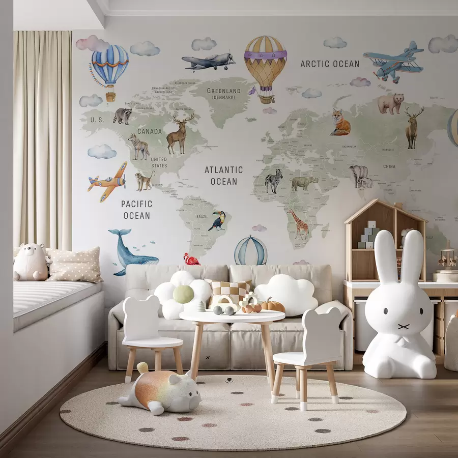 wall murals Children's map in watercolour style with animals and hot air balloons. English language. Green colour. c00001en