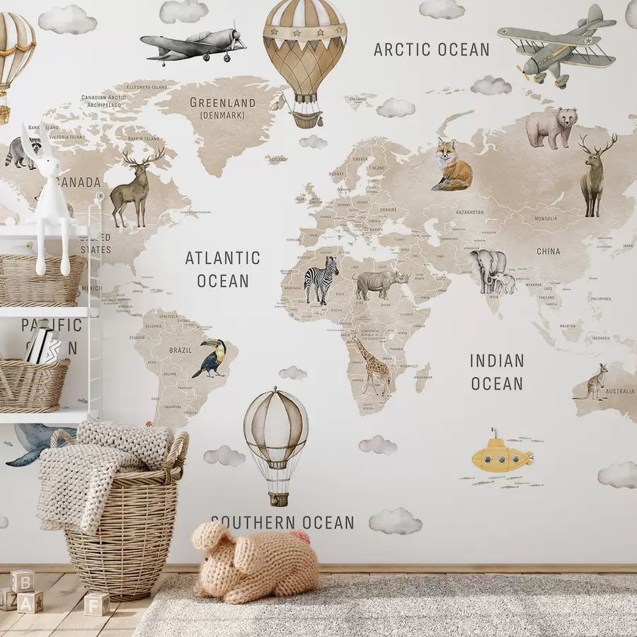 wall murals Watercolor-style map for children with animals and hot air balloons. English language. Beige color c00001env2