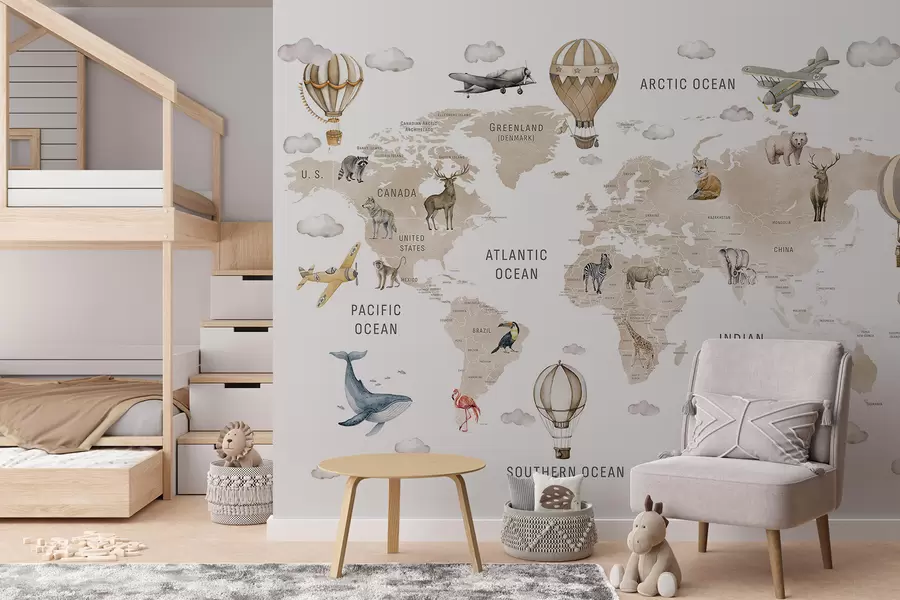 wall murals Children's map in watercolour style with animals and hot air balloons. English language. Beige colour c00001env2