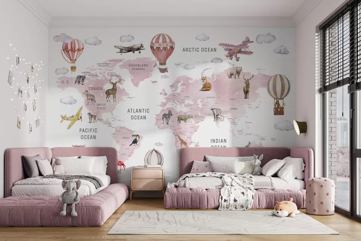 wall murals Children's map in watercolour style with animals and hot air balloons. English language. Pink colour. c00001env3