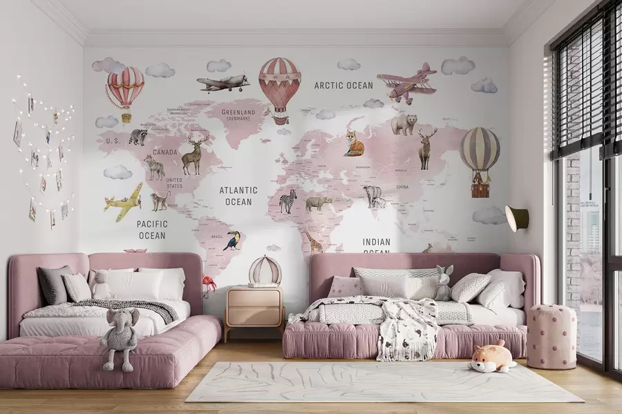 wall murals Children's map in watercolour style with animals and hot air balloons. English language. Pink colour. c00001env3