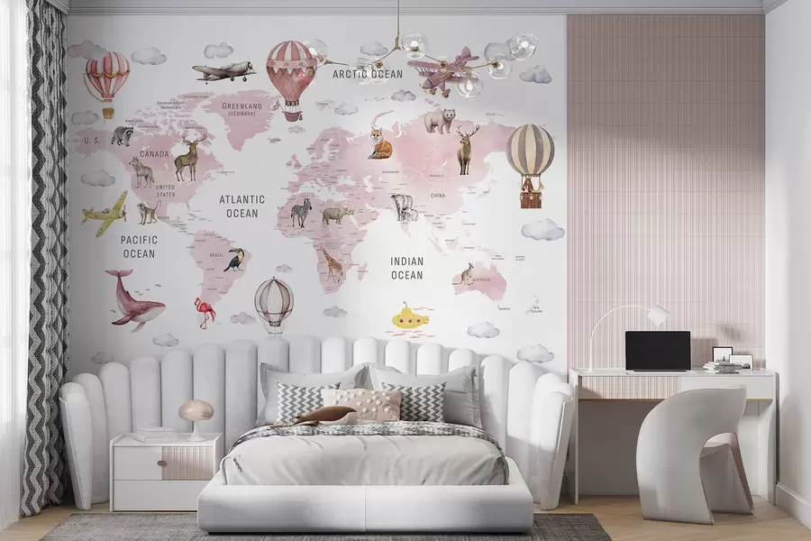 wall murals Children's map in watercolour style with animals and hot air balloons. English language. Pink colour c00001env3
