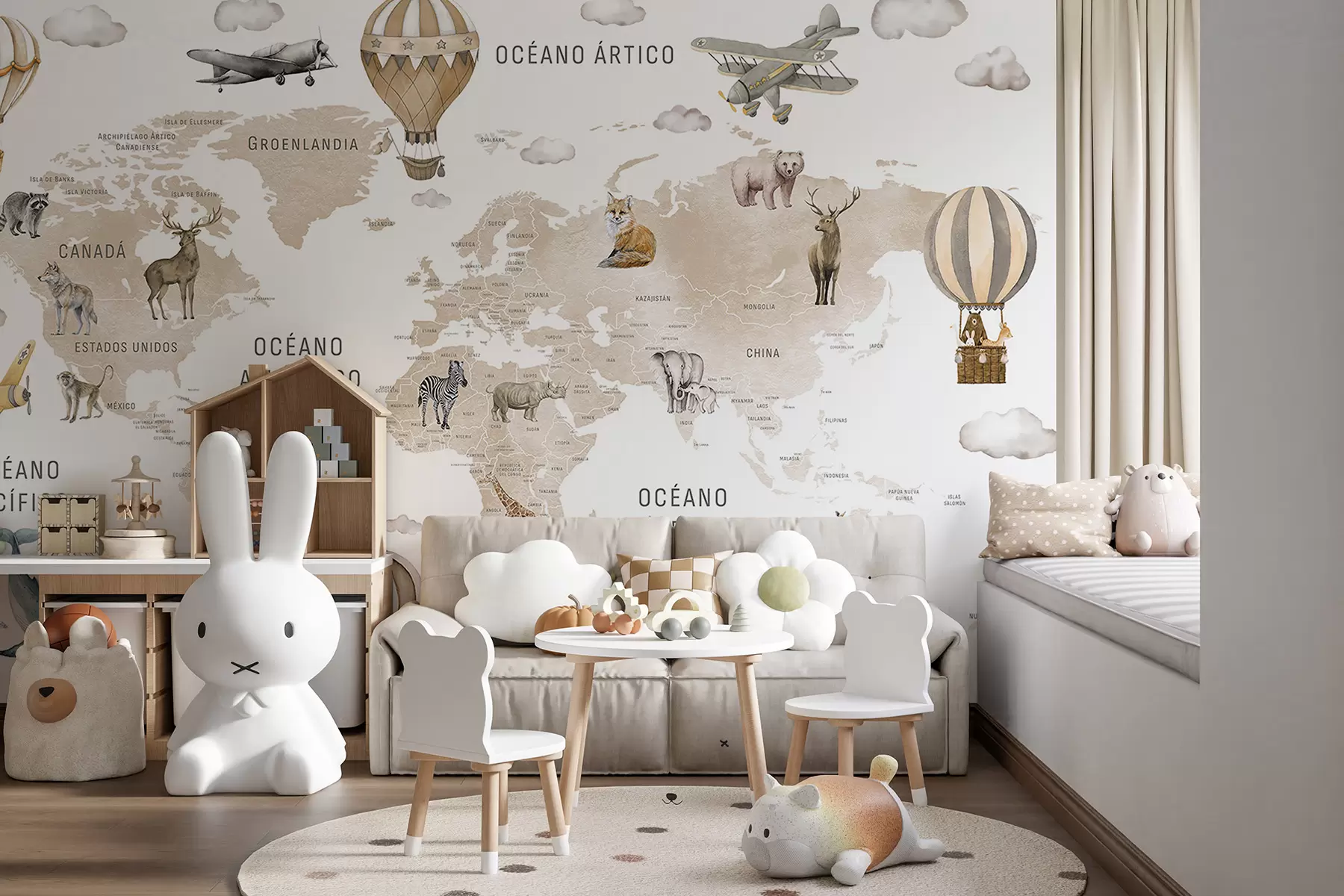 wall murals Watercolor-style map for children featuring animals and hot air balloons. Spanish language. Beige c00001esv2