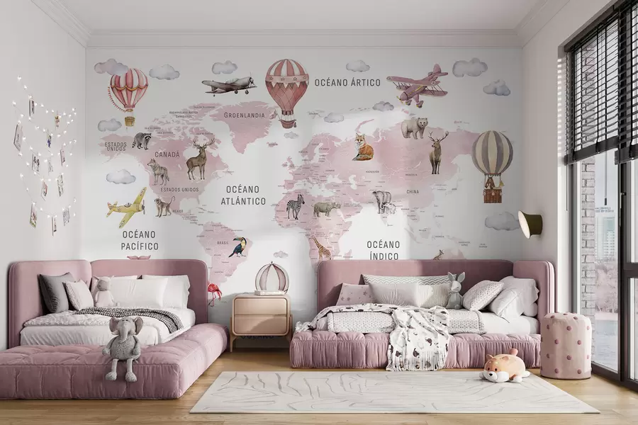 wall murals Children's map in watercolour style with animals and hot air balloons. Spanish language. Pink colour. c00001esv3