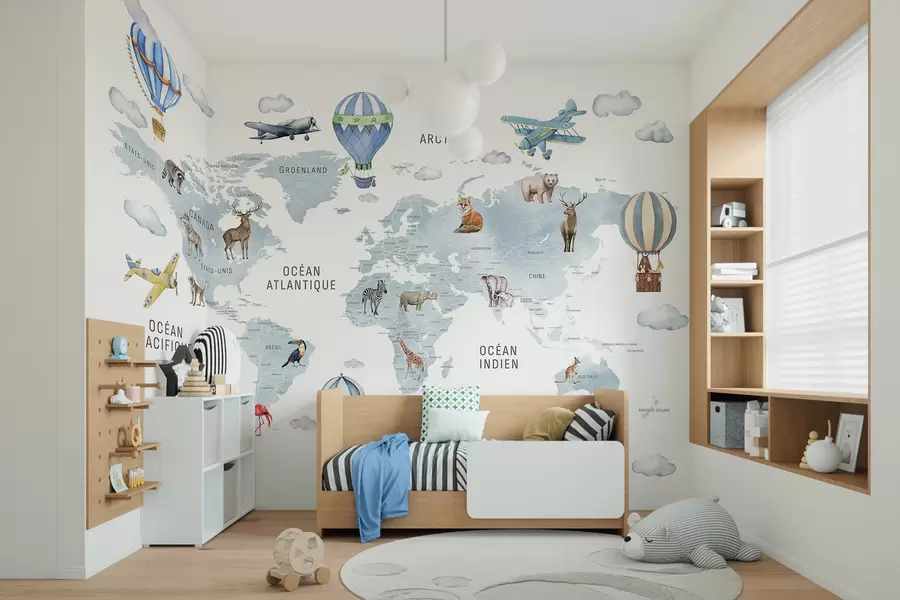 wall murals Children's map in watercolour style with animals and hot air balloons. French language. Blue colour. c00001frv1