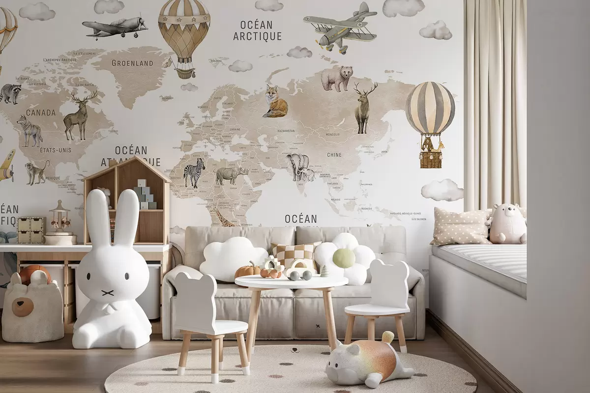 wall murals Children's map in watercolour style with animals and hot air balloons. French language. Beige colour. c00001frv2
