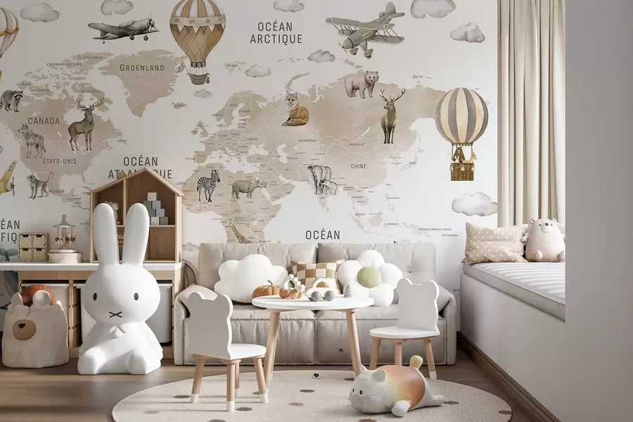 wall murals Children's map in watercolour style with animals and hot air balloons. French language. Beige colour. c00001frv2