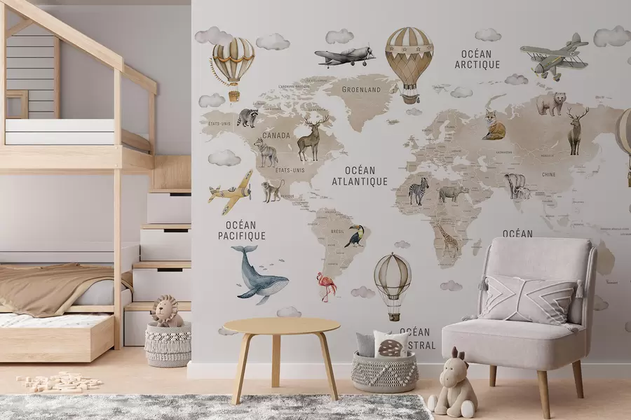 wall murals Children's map in watercolour style with animals and hot air balloons. French language. Beige colour. c00001frv2