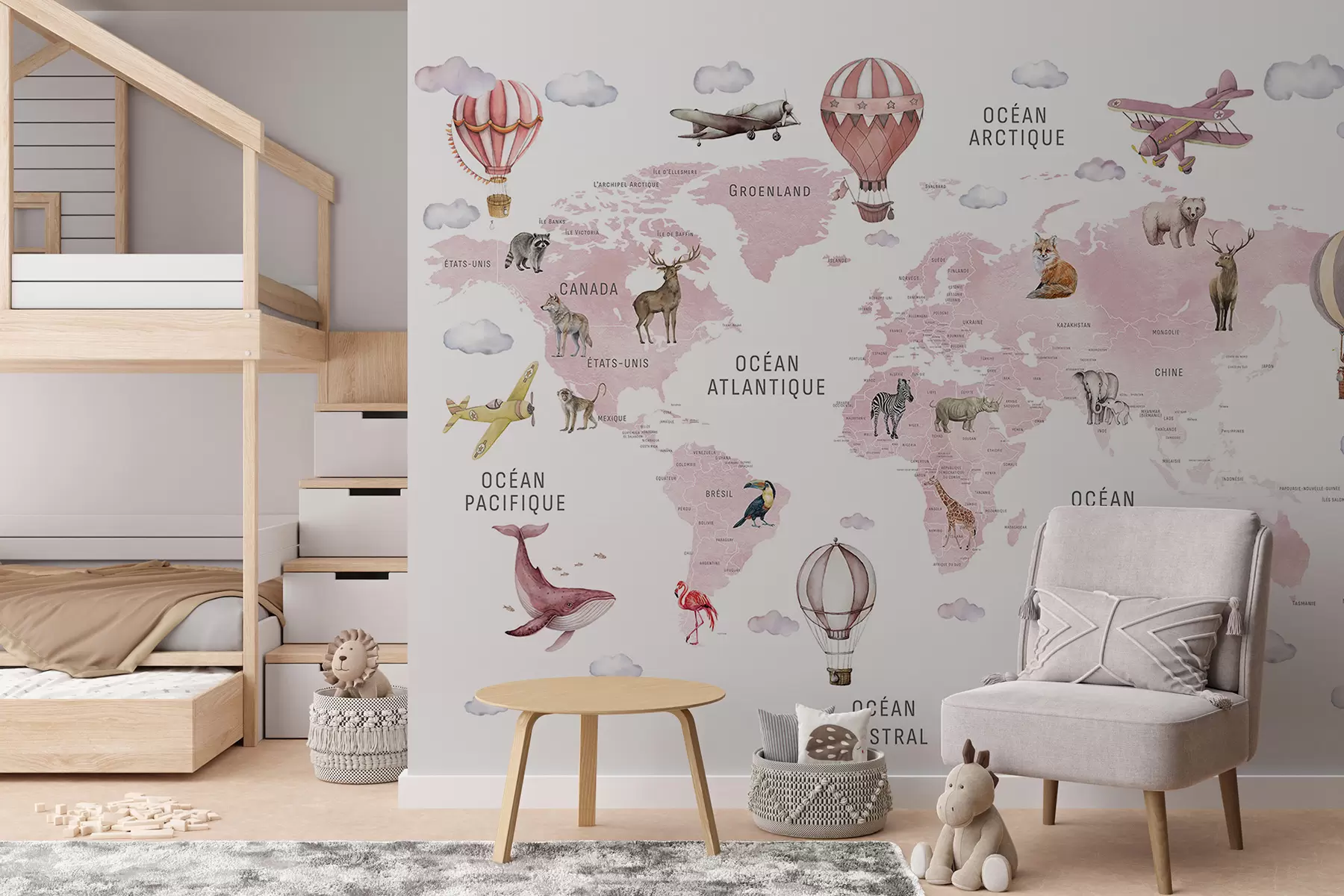 wall murals Children's map in watercolour style with animals and hot air balloons. French language. Pink colour c00001frv3