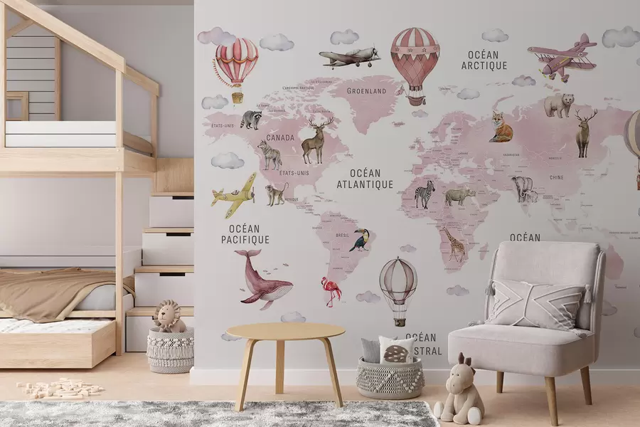 wall murals Watercolor-style map for children with animals and hot air balloons. French language. Pink color c00001frv3