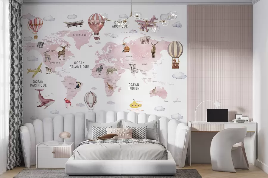 wall murals Children's map in watercolour style with animals and hot air balloons. French language. Pink colour c00001frv3