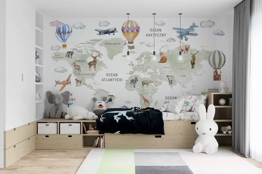 wall murals Children's map in watercolour style with animals and hot air balloons. Polish language. Green colour. c00001pl