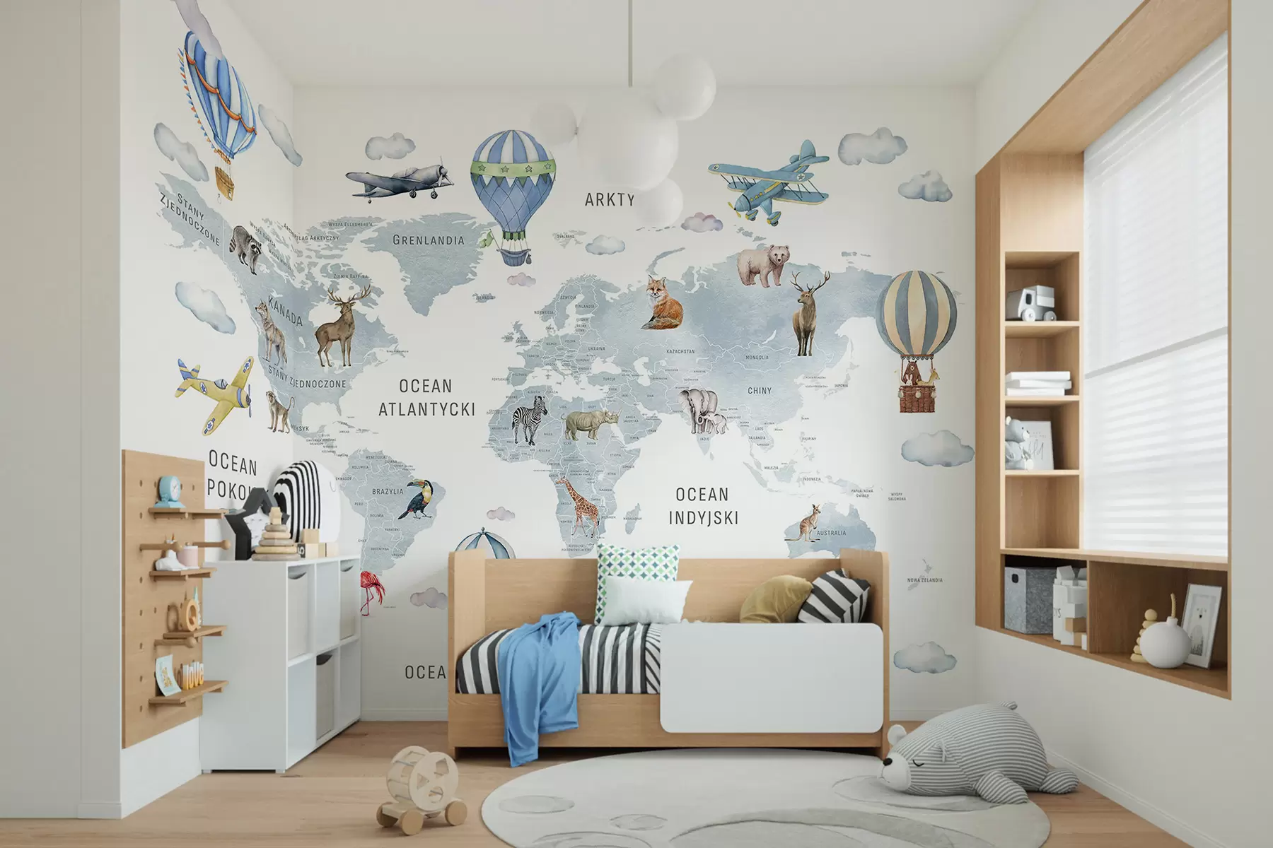 wall murals Watercolor-style map for children with animals and hot air balloons. Polish language. Blue color c00001plv1