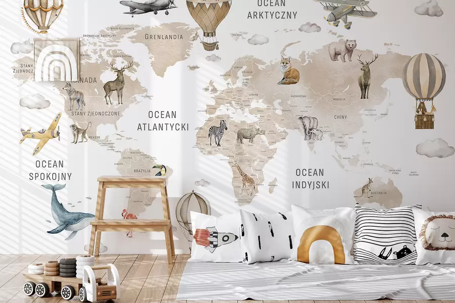 wall murals Watercolor-style map for children with animals and hot air balloons. Polish language. Beige color c00001plv2
