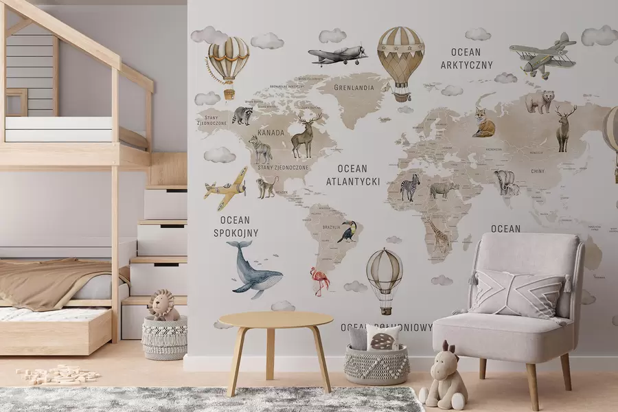 wall murals Children's map in watercolour style with animals and hot air balloons. Polish language. Beige colour c00001plv2
