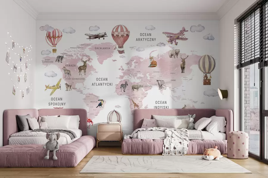 wall murals Children's map in watercolour style with animals and hot air balloons. Polish language. Pink colour. c00001plv3