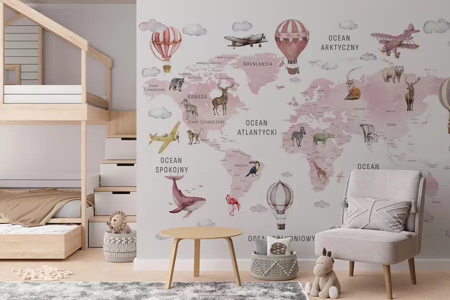 wall murals Children's map in watercolour style with animals and hot air balloons. Polish language. Pink colour c00001plv3