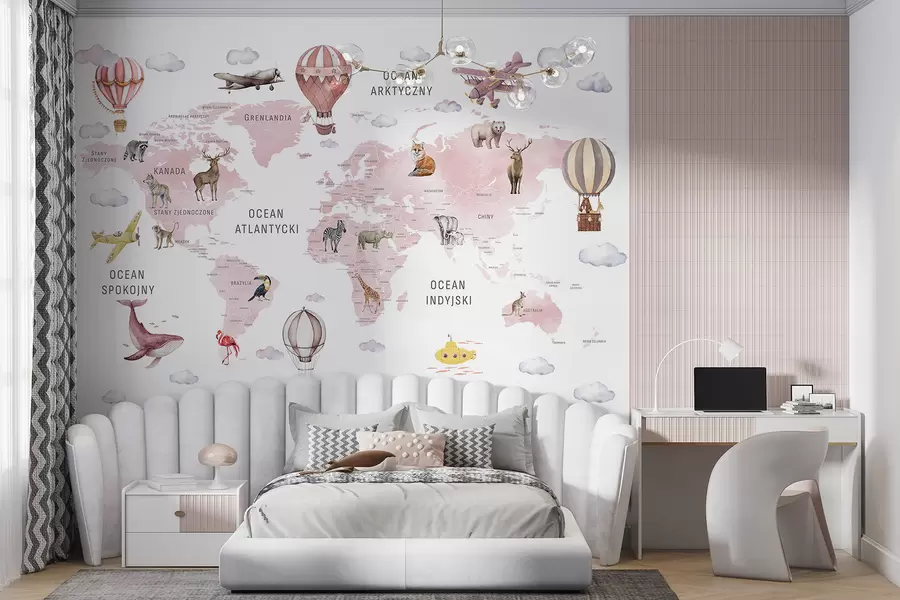 wall murals Children's map in watercolour style with animals and hot air balloons. Polish language. Pink colour c00001plv3